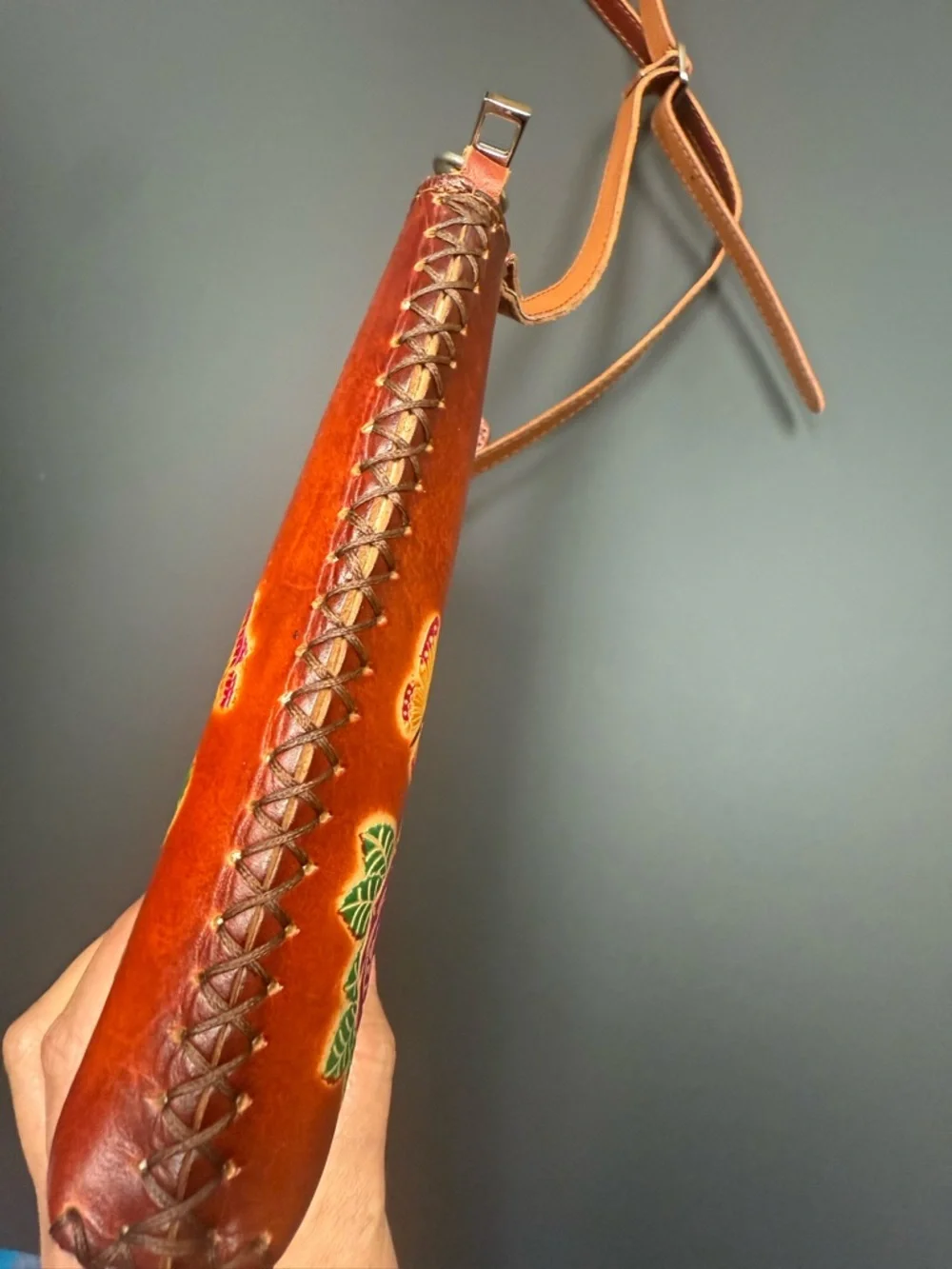 Unk Brown Leather Crossbody with Hand-Painted Floral Motif